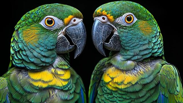 Two vibrant green parrots facing each other against a dark background