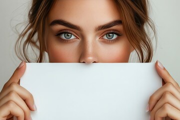 close up image of a woman holding a blank paper with her eyes prominently in view. The woman has stunning eyes and a soft skin texture. 