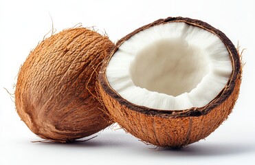 Fresh Coconut Half and Whole Coconut Shells on Bright Background, Natural Organic Fruit with Brown Skin and White Edible Flesh, Tropical Ingredients for Recipes