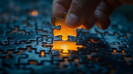 Person placing final glowing puzzle piece completing jigsaw puzzle symbolizing solution discovery, problem solving strategy, teamwork completion, and business challenge achievement in low light
