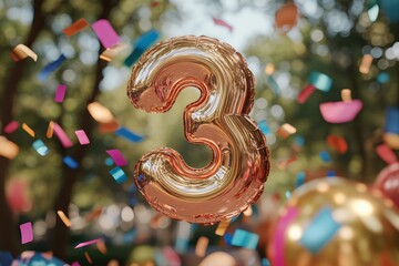 Celebration of a child's third birthday with colorful confetti in a bright outdoor setting