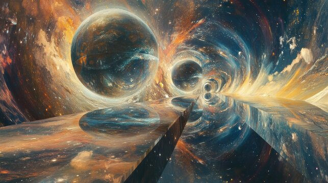 A conceptual illustration of parallel universes with overlapping dimensions