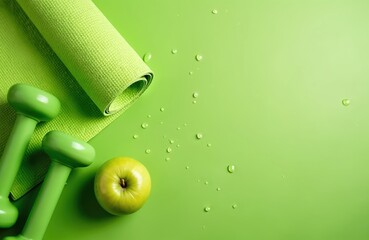 Top view of rolled green yoga mat, dumbbells, apple on green background with water drops. Sport, fitness and healthy lifestyle concept. Training at gym, workout at home and balanced eating.