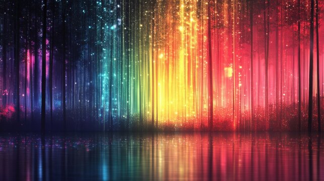 Abstract landscape. Colorful art fantasy landscape with a forest and glowing lights. Background illustration. Digital art image.