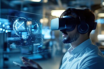 Software engineer wearing vr headset is developing brain-computer interface in futuristic laboratory