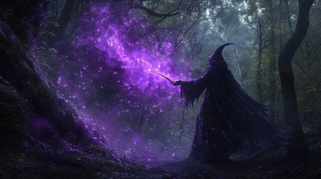 A dark fantasy illustration of an evil witch in the woods, casting purple...