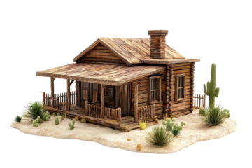 A rustic wooden cottage surrounded by desert flora on a sunlit afternoon in a serene landscape isolated on transparent background