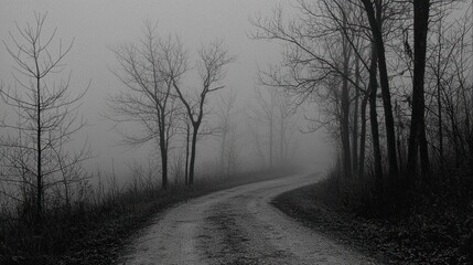 The foggy road through the bare trees creates a mysterious scene