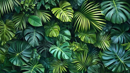 Overhead view of dense tropical jungle foliage. 