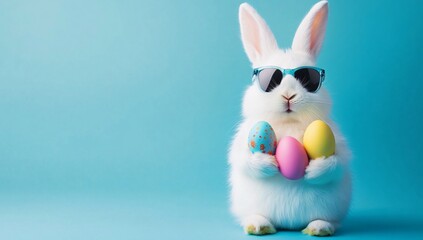 Fototapeta premium Cute white Easter bunny wearing stylish sunglasses, perfect for Easter and spring celebrations