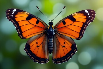Fototapeta premium Monarch butterfly with vibrant orange wings, adorned with black and white markings. Beautiful insect concept. Animal background
