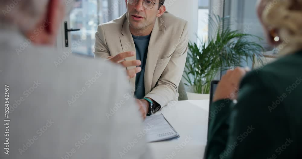 Poster discussion, office consultant and business people with documents for feedback, negotiation and meeti