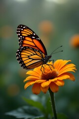 Fototapeta premium Monarch butterfly with vibrant orange wings, adorned with black and white markings. Beautiful insect concept. Animal background