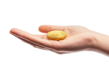 Golden coin held in an open hand for investment, cut out