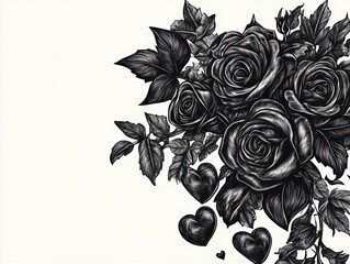 Black roses bouquet, hearts, white background; romantic card design
