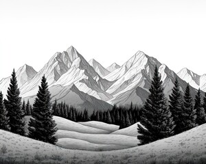 Fototapeta premium Monochrome mountain range, evergreen forest, serene valley; nature scene for print