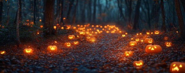 Fototapeta premium a path lined with glowing jack-o'-lanterns in a dark forest.