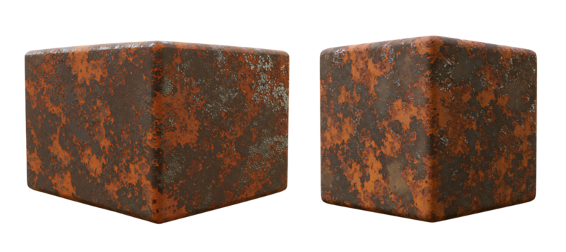 A rusted metal cube with a corroded texture, featuring oxidized orange and brown patches. metal cube png.