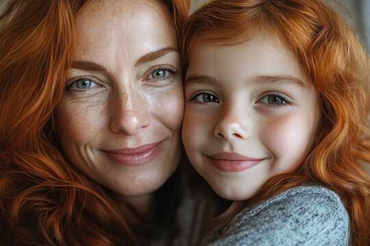 Close-up shot of a mother and daughter with striking red hair embracing each other and smiling warmly. The image conveys a sense of love, care, and bond. - Powered by Adobe