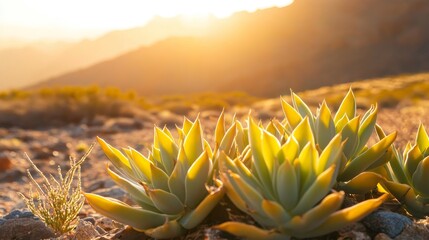 Succulent plants growing in a sunny desert landscape. 