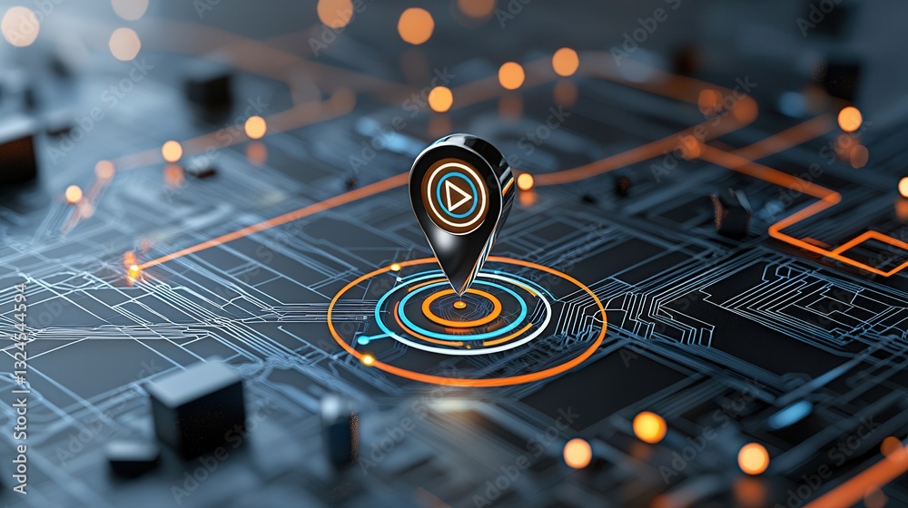 Poster close up view of a digital navigation pin placed on a futuristic map display with glowing circuit bo