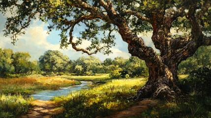 Fototapeta premium Tranquil Oak Tree by the Brook in a Serene Natural Setting
