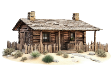 Charming rustic cabin surrounded by desert landscape with sparse vegetation and rocky accents isolated on transparent background