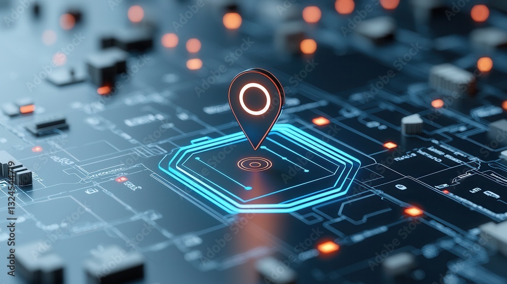 Poster close up view of a digital navigation pin placed on a futuristic data driven interface showcasing th
