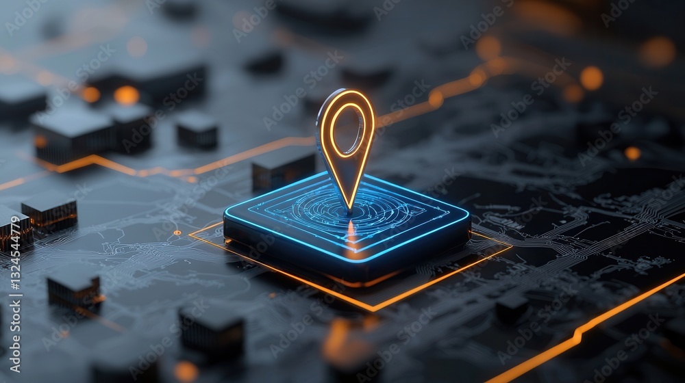 Poster this image depicts a close up view of a futuristic navigation marker or pin displayed on a digital i