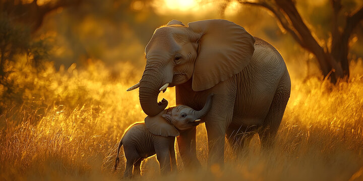 Elephant Mother and Calf at Sunset, Wildlife Animal Photograph, Elephants in Nature, Safari Elephant Image, Mother and Baby Elephants