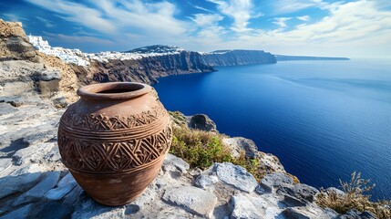 Santorini Greece Island Cliffside View with Terracotta Pot