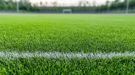 A vibrant lush green sports field with meticulously manicured grass and crisp white lines marking the playing area