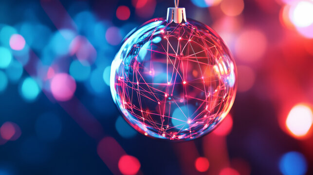 Christmas ball on close up tree in electronic, communication technology style. Global internet, network concept illustration. Tech digital template of greeting card happy new year, merry christmas.
