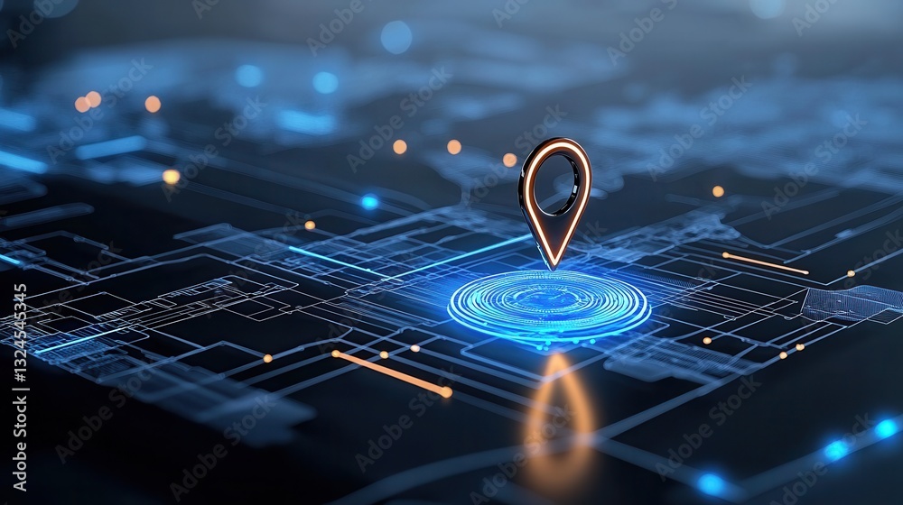 Poster this close up image depicts a glowing navigation pin set against a futuristic digitally rendered lan