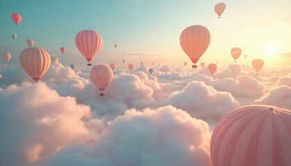 Obraz premium Dreamy sky scene with pastel hot air balloons floating above fluffy clouds. Pink, coral, blue balloons fly in sunlight. Air travel, summer adventure, love, fun, anniversary, holiday celebration,