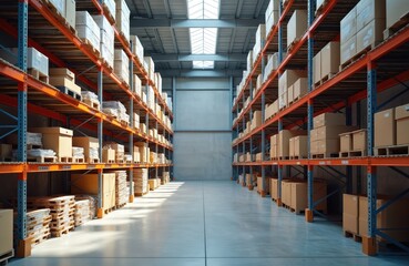 Warehouse interior with shelves, racks. Boxes stored on pallets, organized distribution. Efficient storage solutions for small, medium businesses, optimized logistic. Spacious storehouse