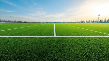 Obraz premium This image depicts a well maintained lush green sports field with precisely marked lines and a pristine playing surface providing an ideal environment for various athletic activities and events