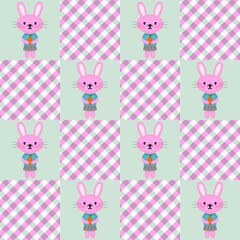 Cute and fun seamless pattern featuring a cartoon pink bunny dressed in a navy blue dress and holding a carrot arranged in a pastel pink checkerboard pattern.