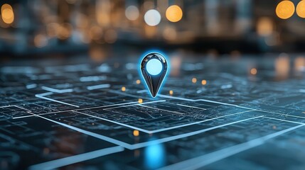 A detailed close up view of a digital navigation pin emitting a soft radiant blue light highlighting the futuristic and technological aspects of modern mapping and location based systems