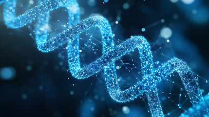 Abstract science or medicine background with DNA stand on it. Close-up double helix in light blue. Biotechnology, biology, and science concepts. Futuristic tech low poly wireframe vector illustration.