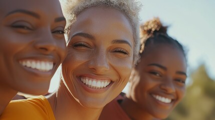 Fototapeta premium Happy multi generational women having fun together - Multiracial friends smiling on camera after sport workout outdoor - Main focus on african female face