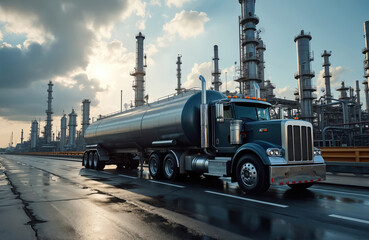 Heavy tanker truck transports fuel on wet road with oil refinery background. Logistics, delivery, industrial transportation, shipping combustible liquid, energy resources. Diesel, gas, gasoline
