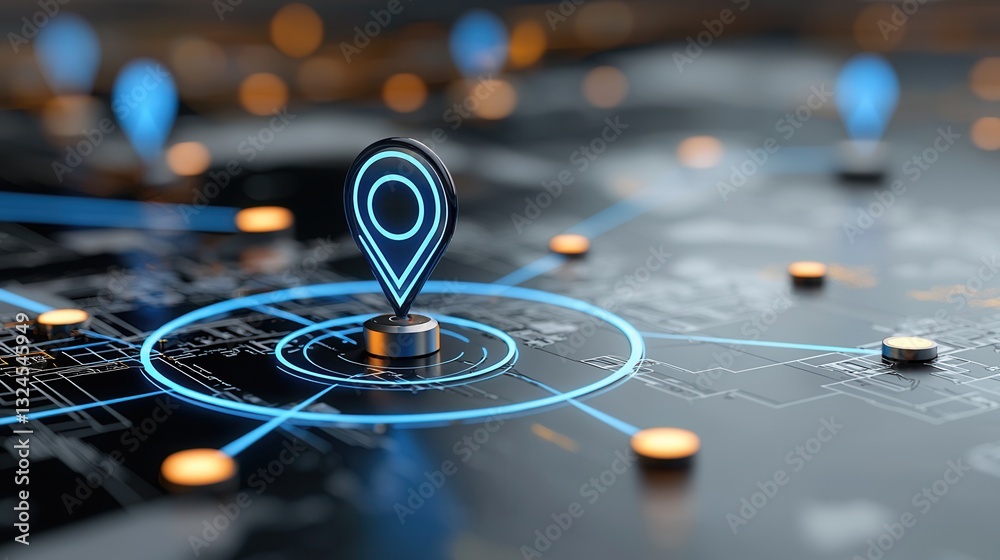 Poster a close up view of a digital pointer or pin icon highlighting a specific location on a detailed worl