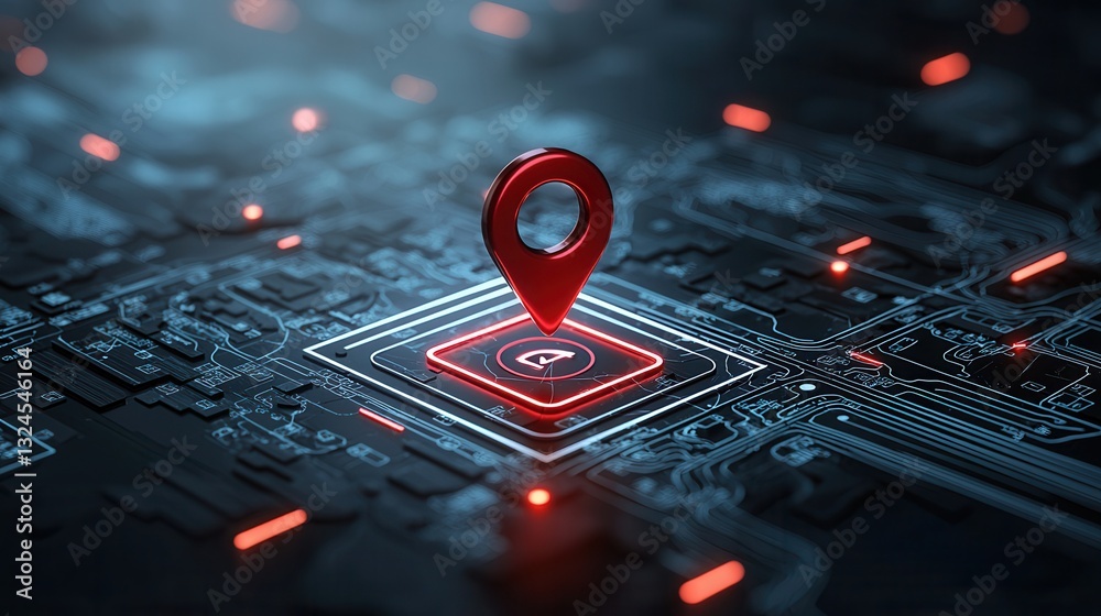 Poster this image depicts a close up view of a red location pin standing prominently on a glowing futuristi