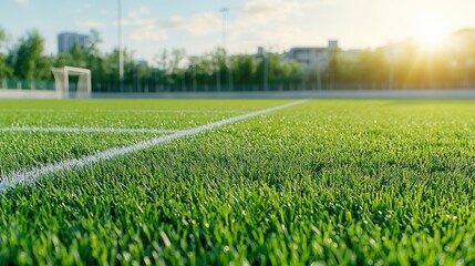 A close up view of a professional sports field with a well maintained green grass surface and distinctly marked lines
