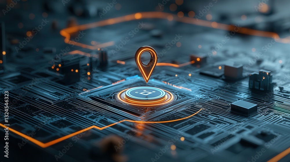 Poster close up view of a bright glowing location pin icon displayed on a highly advanced futuristic circui