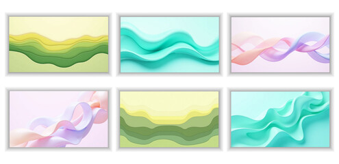 Abstract background with green and blue fluid glass waves. 
3d abstract liquid glass transparent clear ribbon wave line 
on green background with palm 
leaf shadow. 