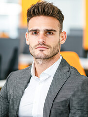 Fototapeta premium Professional man in a suit posing confidently in a modern office environment.