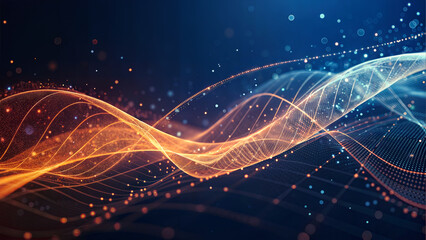 A captivating depiction of vibrant waves and particles, beautifully illustrated in a dynamic abstract style. Light interacting with particles in space Music dynamic or connection concept.