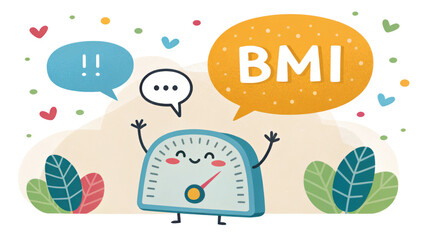 Colorful illustration of happy scale character promoting BMI awareness with speech bubbles. Ideal for health and wellness themes